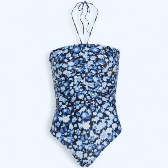 Ganni Ruched Floral-Print Halterneck Swimsuit In Blue - Picture 1 of 6